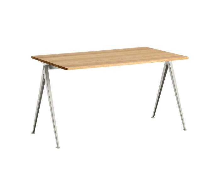 Pyramid Table 01, 140 x 75 x 74cm, beige powder coated steel / clear lacquered solid oak