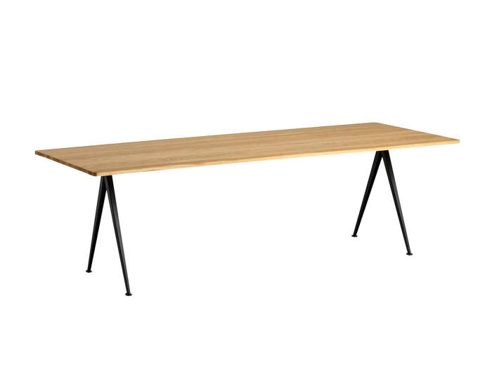 Pyramid Table 02, 250 x 85 x 74 cm, black powder coated steel / clear lacquered solid oak