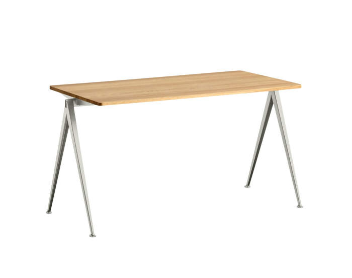 Pyramid Table 01, 140 x 65 x 74 cm, beige powder coated steel / clear lacquered solid oak