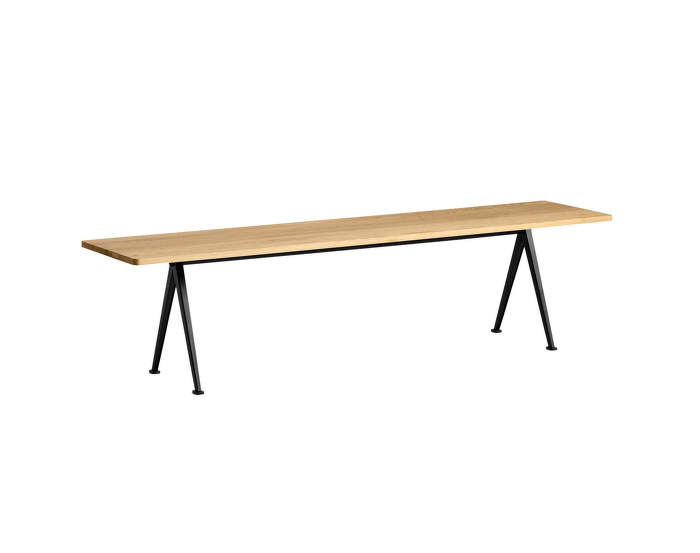 Pyramid Bench 12 190 cm, black powder coated steel / clear lacquered solid oak