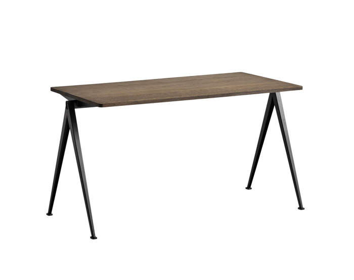 Pyramid Table 01, 140 x 65 x 74 cm, black powder coated steel / smoked solid oak