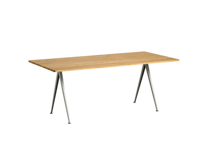 Pyramid Table 02, 190 x 85 x 74 cm, beige powder coated steel / clear lacquered solid oak